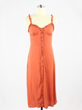 Aritzia WILFRED Heartthrob Sinopia Orange Crepe Ruffle Trim Midi Dress, Size 2